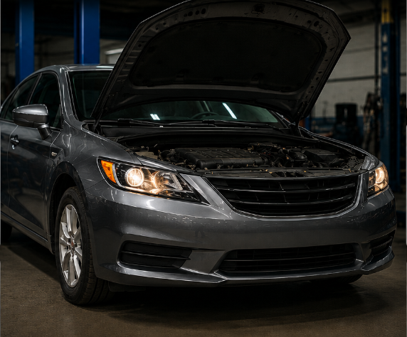 A gray sedan with its hood open inside a garage or workshop.