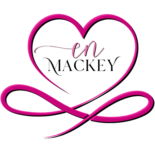 Stylized initials "c n" over surname "Mackey" in a dark pink heart with flourish