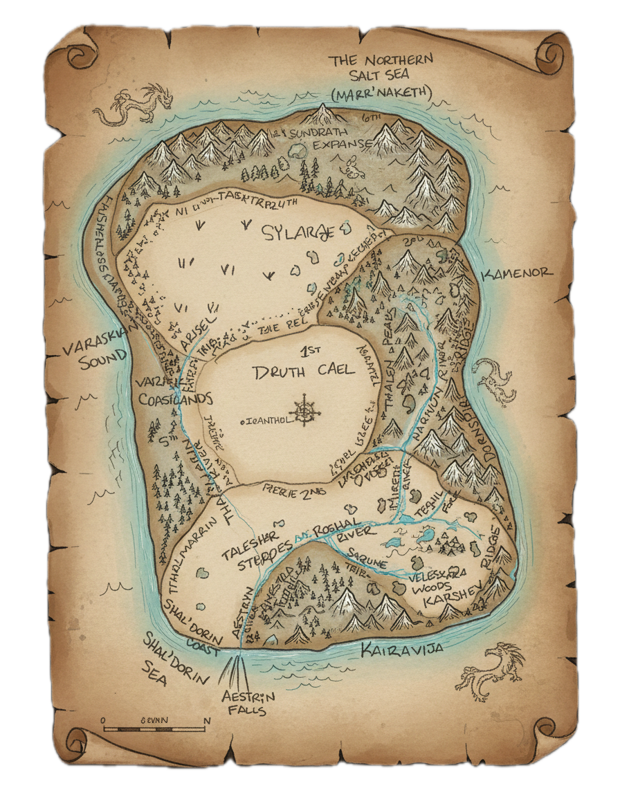 A map of a place called Aestraea, featuring several regions with mountains, forests, and plains
