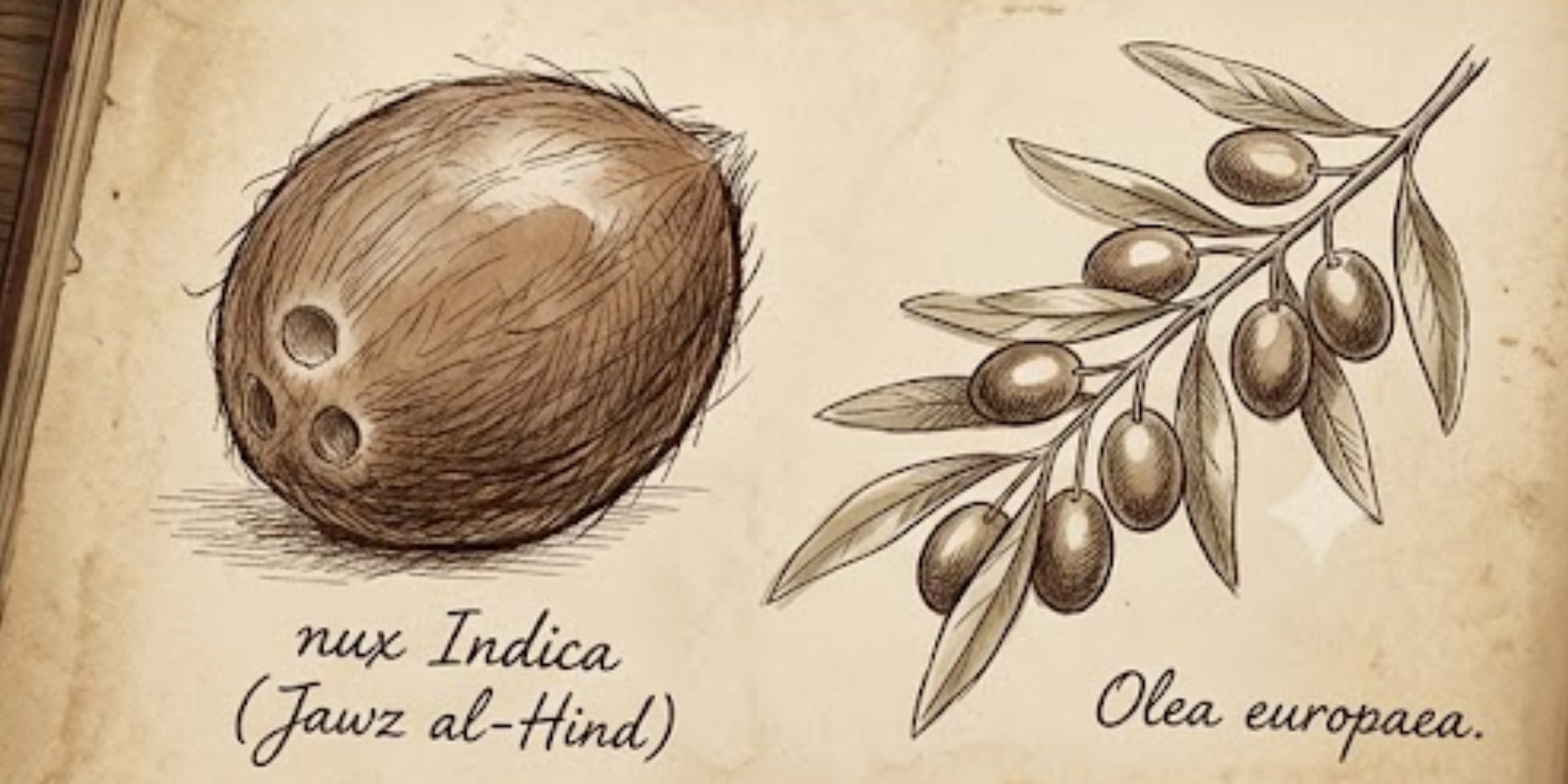 An antique journal page featuring hand-drawn ink illustrations of a coconut, labeled "nux Indica (Jawz al-Hind)," and an olive branch, labeled "Olea europaea."