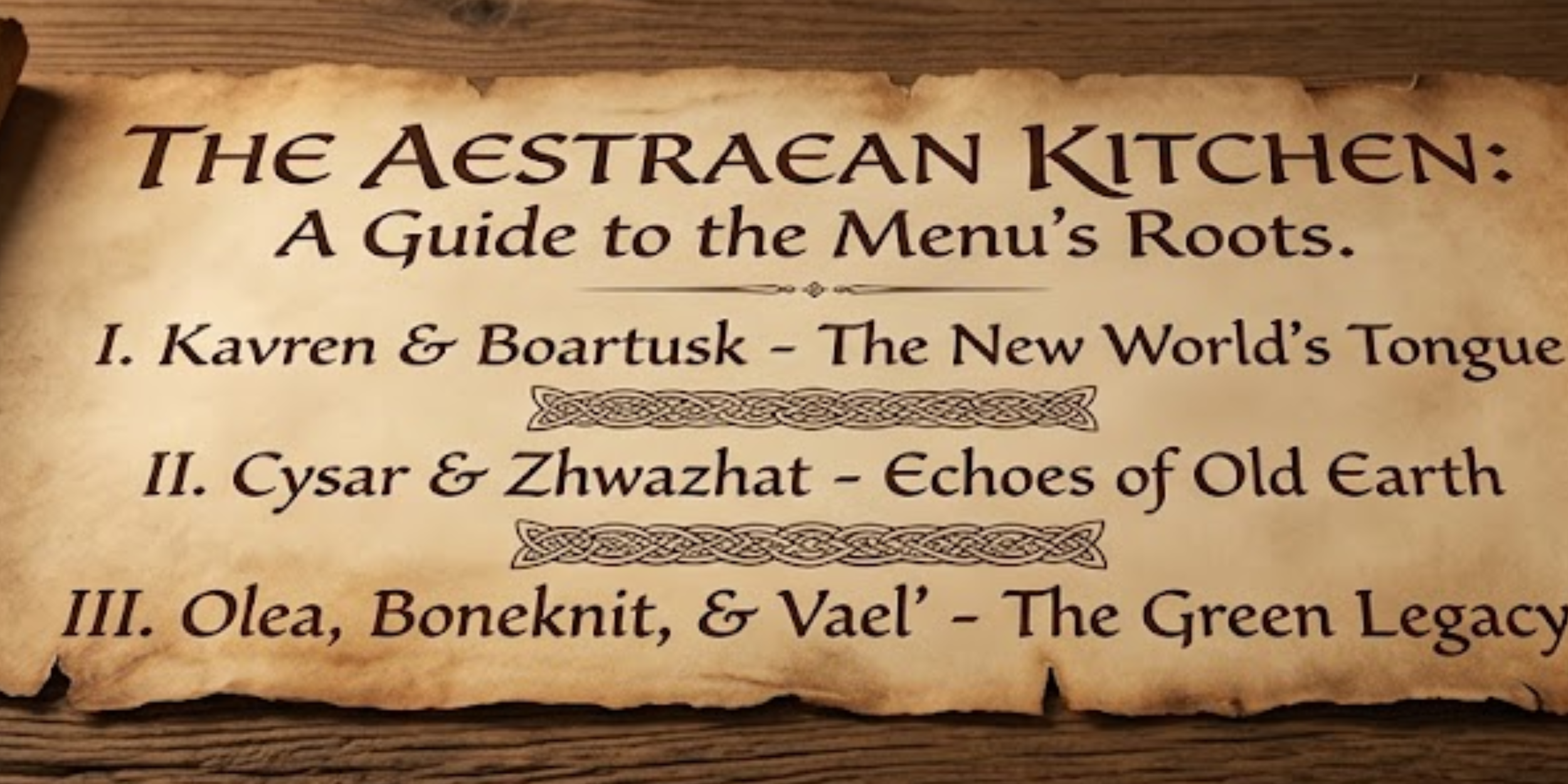 An antique parchment scroll on a rustic wood background displaying the calligraphy title, "The Aestraean Kitchen: A Guide to the Menu's Roots," with three distinct section titles written below it.