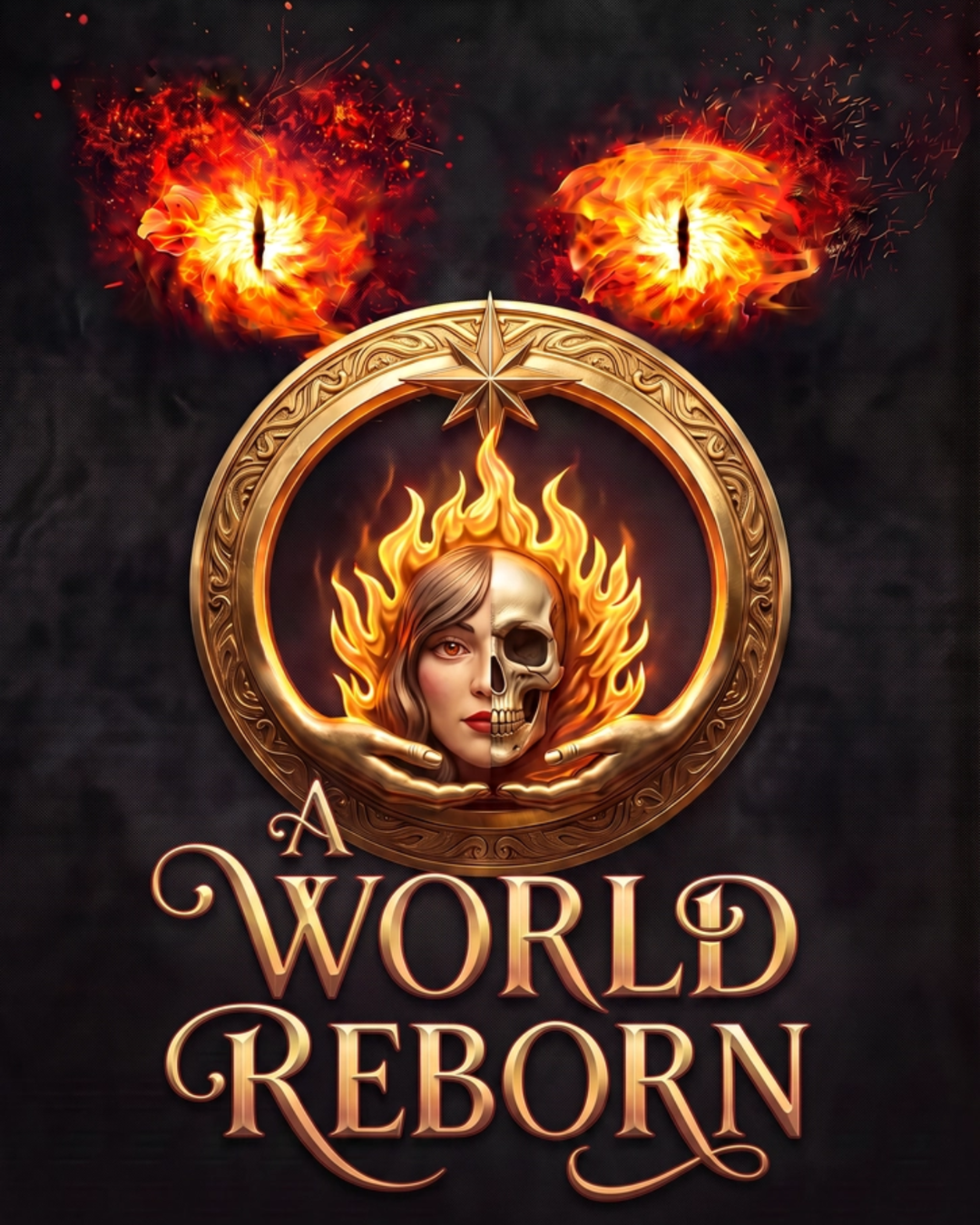 A fantasy-themed promotional poster for the game 'A World Reborn,' featuring a woman's face half-shown with one eye and part of her face as a human skull, both surrounded by fire. Above her, a cosmic compass with two flaming eyes in outer space. The title is displayed in ornate fonts at the bottom.