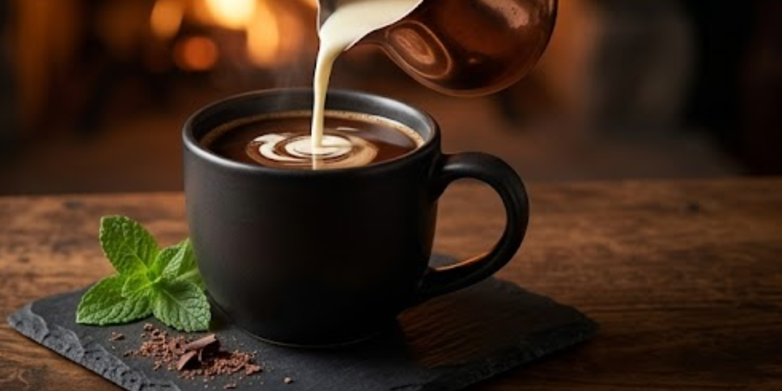 A matte-black ceramic mug on a dark wood table with rich cream being poured and swirled into a dark brew, next to a garnish of fresh mint leaves and chocolate shavings.