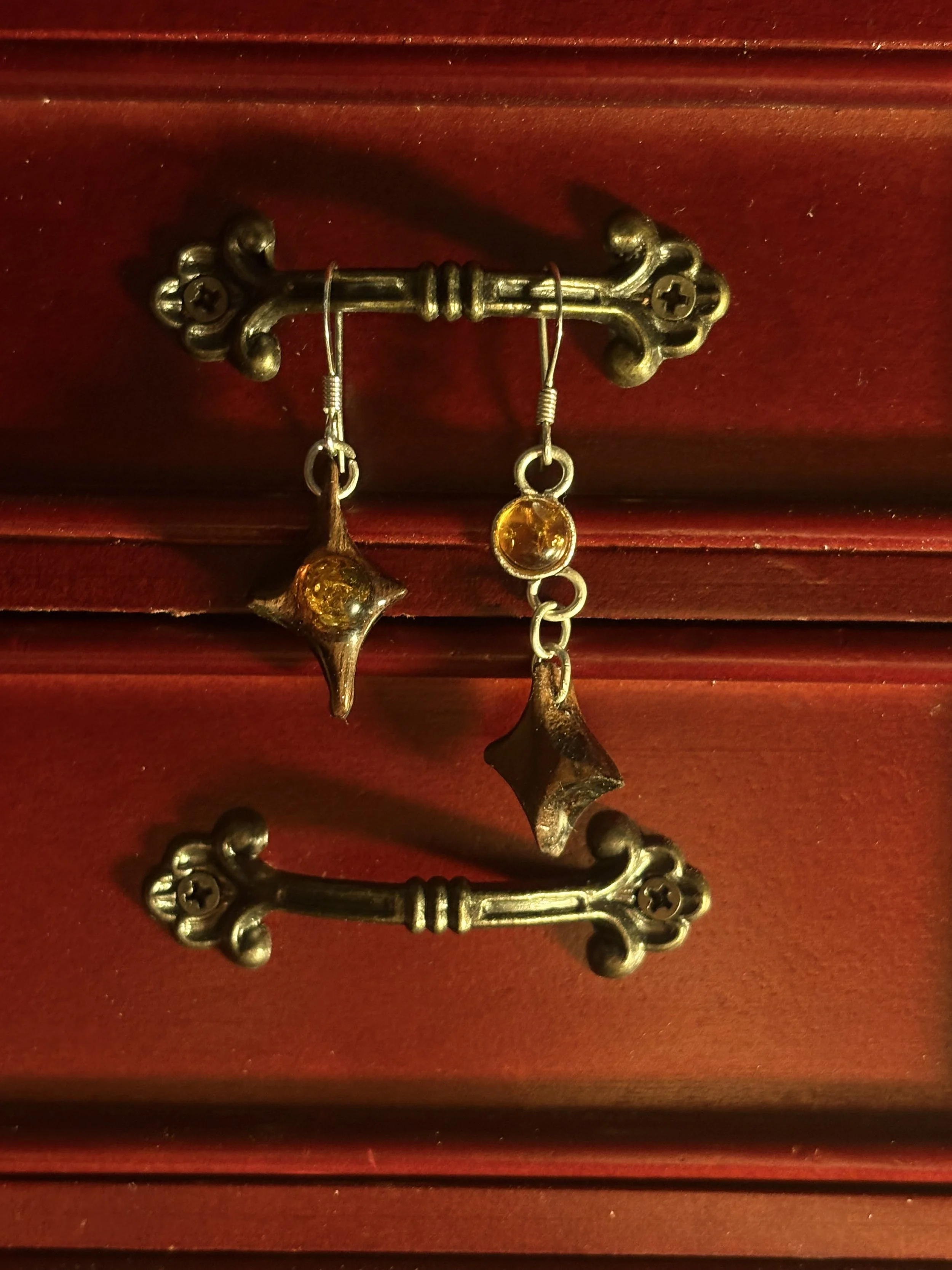 Carved Black Walnut and Amber Earrings