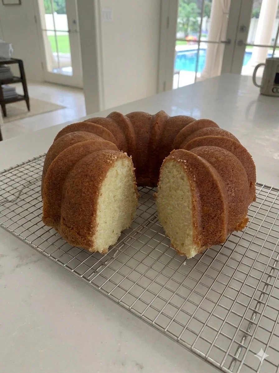 A sliced bundt cake with a golden brown crust on a wire cooling rack on a white kitchen countertop, with a background showing a bright room with a sliding glass door, a pool outside, and some furniture.