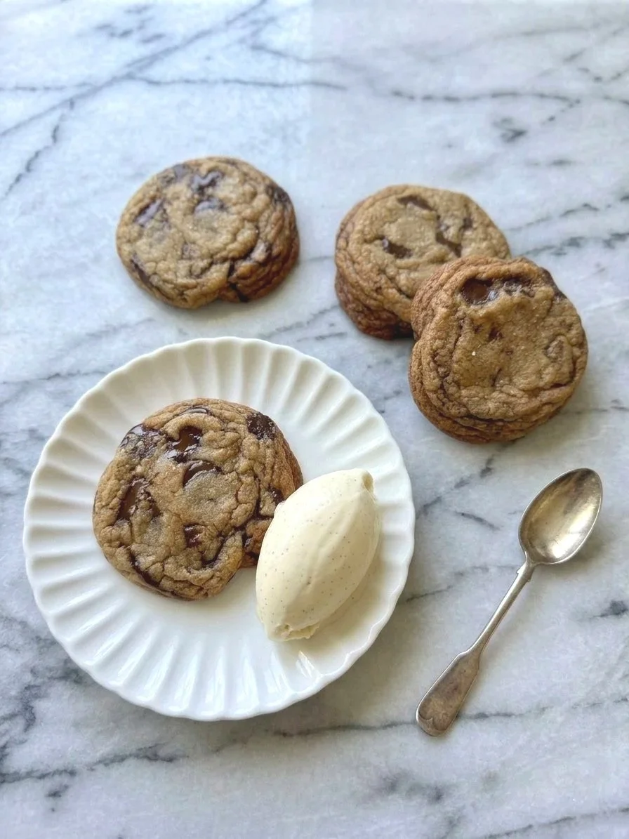 Chocolate chip cookies on a white plate with a scoop of vanilla ice cream and a small spoon on a marble surface.