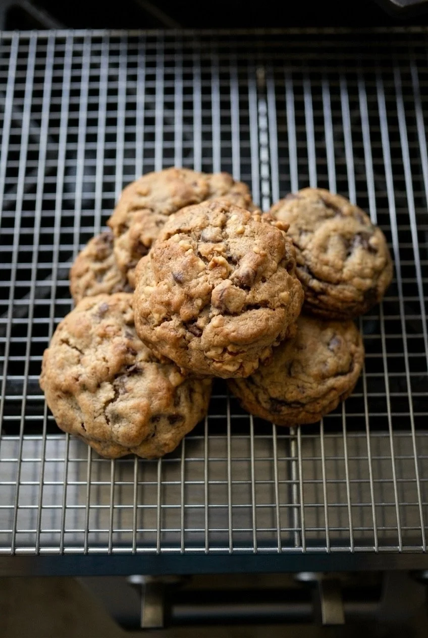 A plate of freshly baked oatmeal cookies on a wire cooling rack.