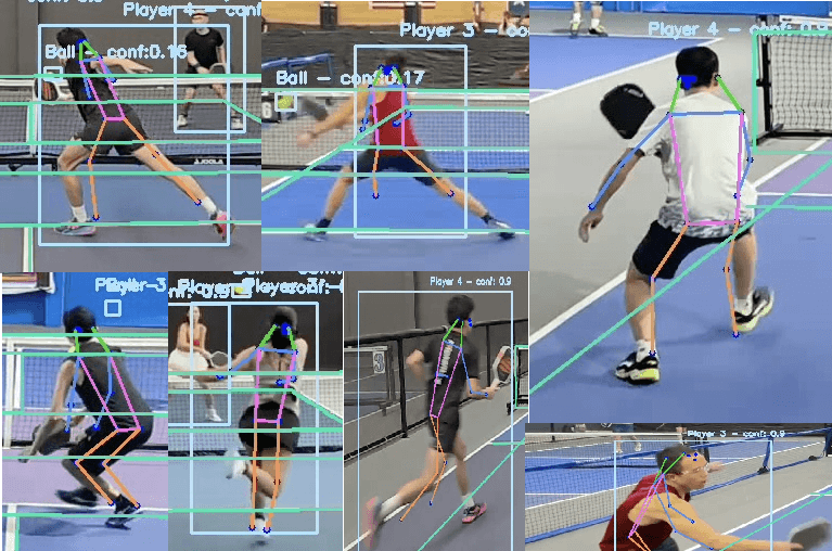 Example of how Drona-AI tracks human pose and deduces movements from them. Multiple athletes playing badminton and tennis, each captured with pose estimation overlays showing keypoints and lines on a sports court.