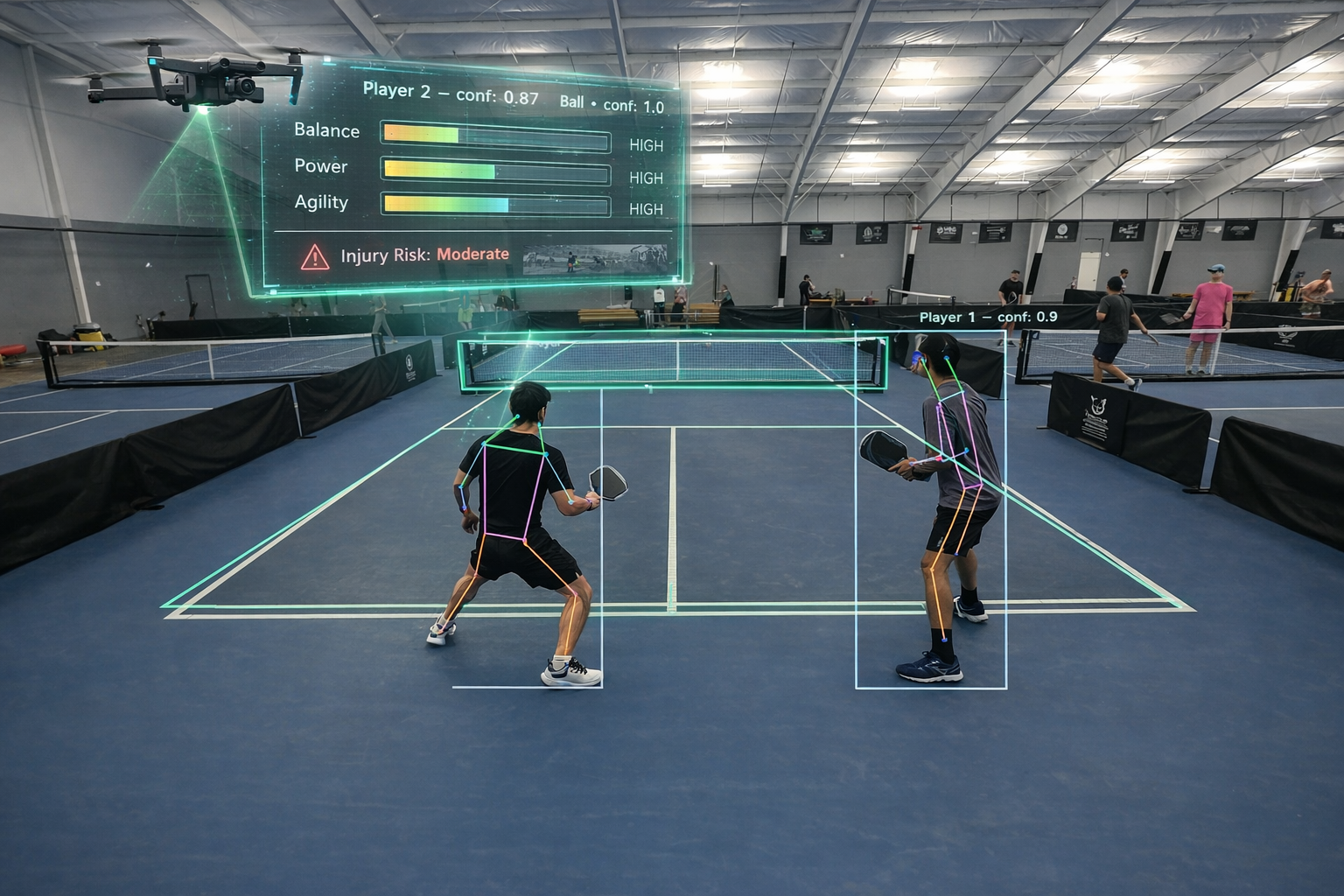 An indoor tennis court with two players engaged in a game. Digital overlays display player information, including confidence levels and injury risk, as well as real-time movement tracking.