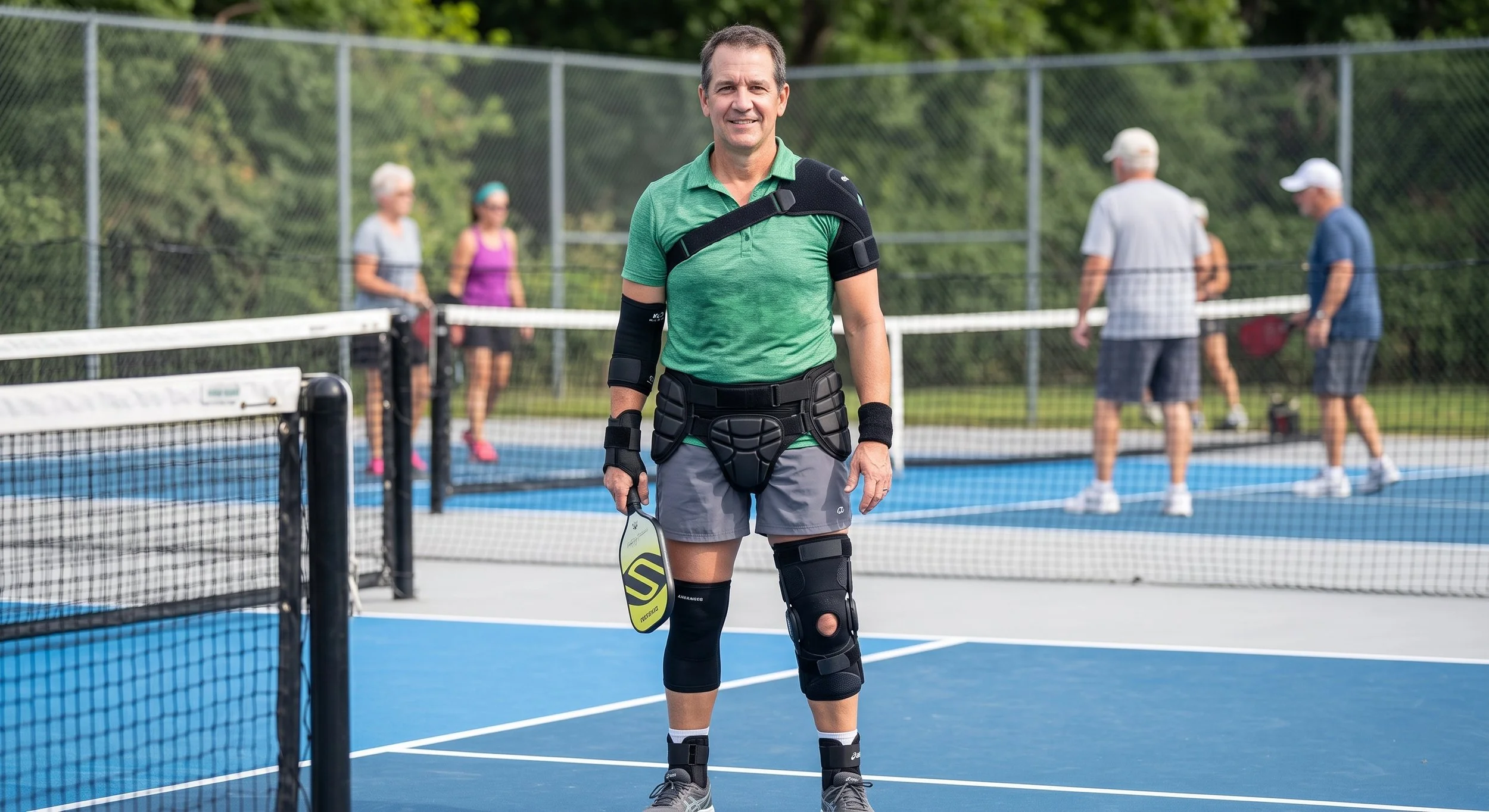 Pickleball Player dressed like a marvel hero with all possible injury prevention gear