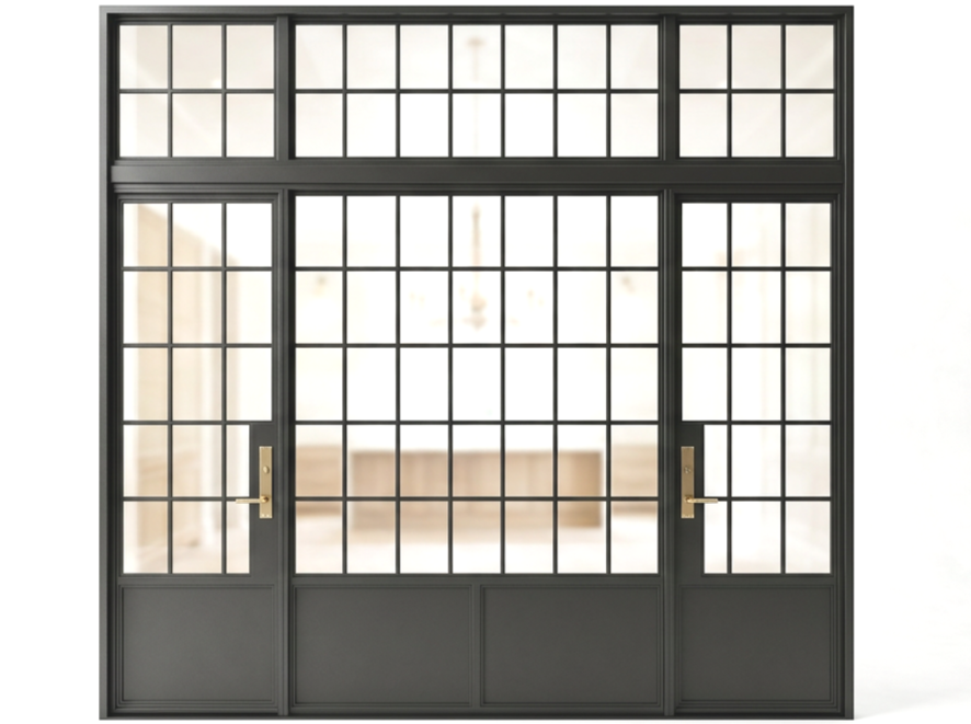Large black-framed Steel glass patio door with a grid pattern.
