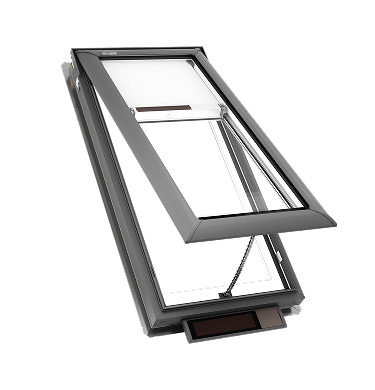 Solar powered Velux skylight with shades.