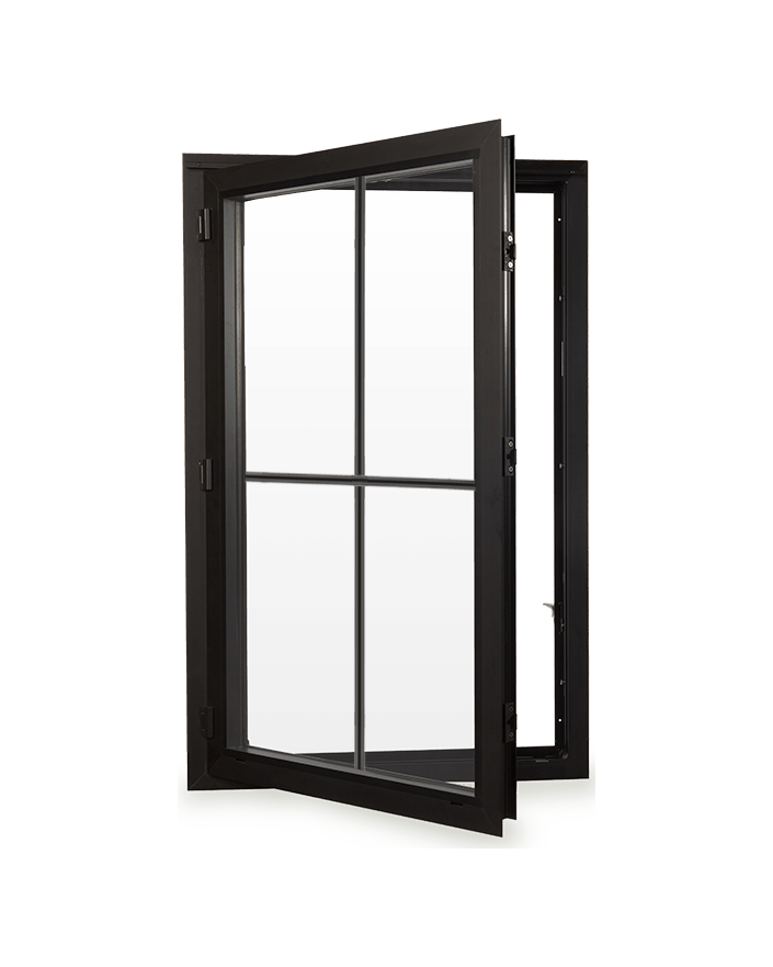 Black metal casement window with glass panes open, showing the interior frame and locks.