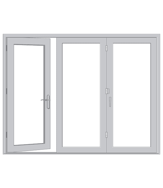 Illustration of a three-part glass door system with a door on the left, a fixed center panel, and a door on the right, all surrounded by a silver frame.