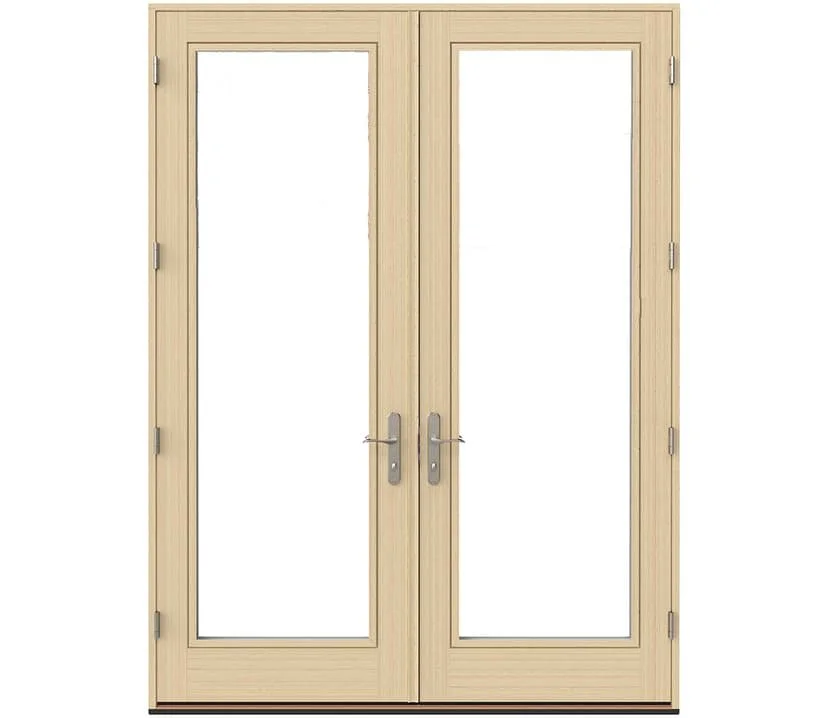 Double glass-paneled wooden doors with silver handles and hinges.