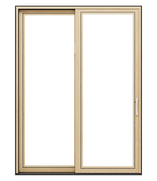 Sliding glass door with light wood frame and handle.