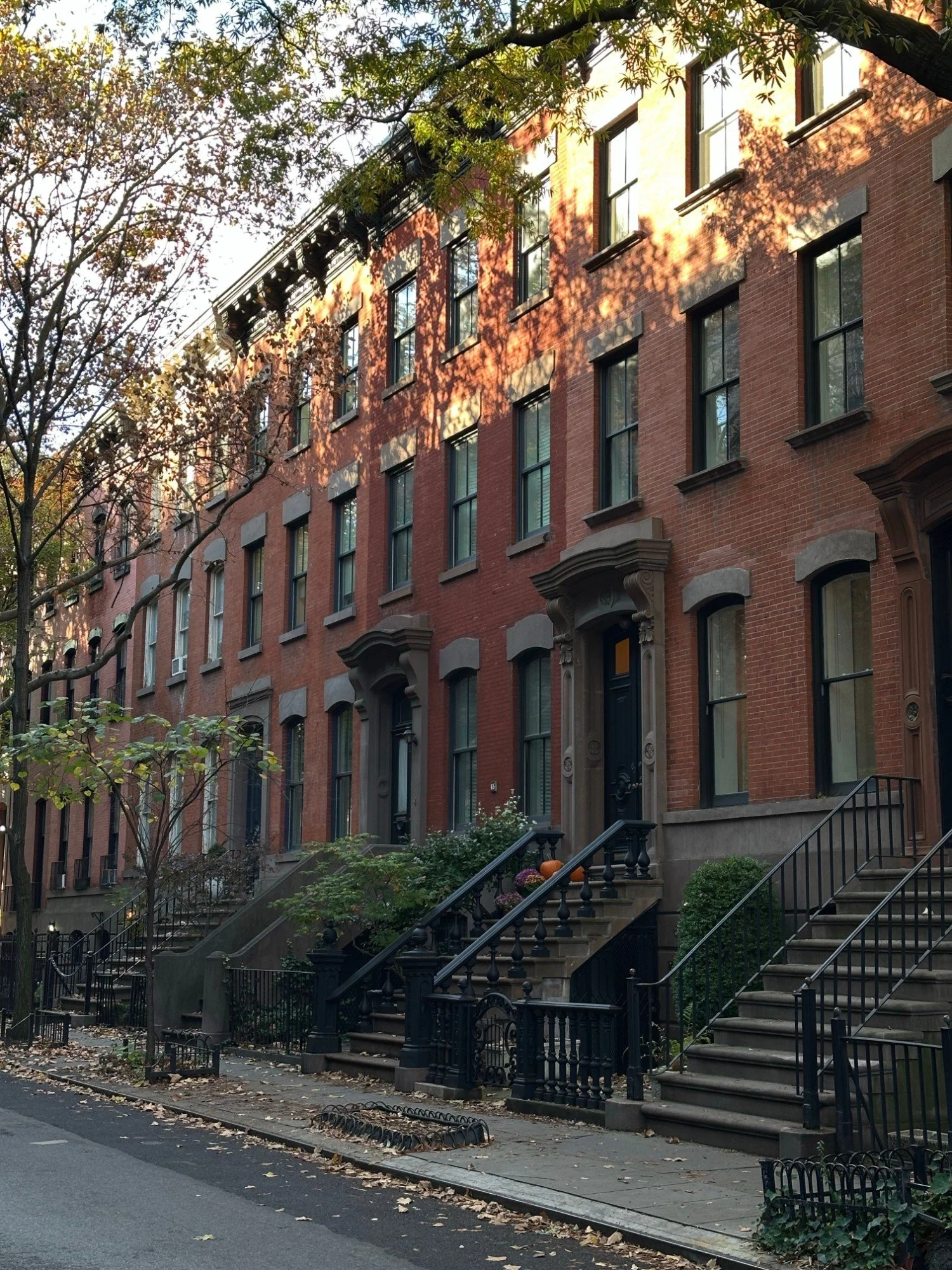 A row of brownstone houses with stairs leading to the front doors, trees casting shadows on the building, and some autumn leaves on the sidewalk.