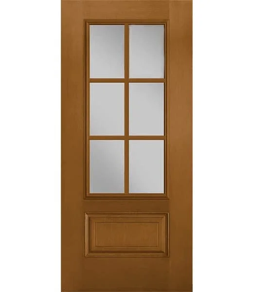 Brown wooden door with six glass panels in the upper section and a decorative rectangular panel in the lower section.