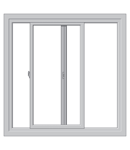 Sliding glass door with two side panels, one on each side, and a central sliding panel with a handle.