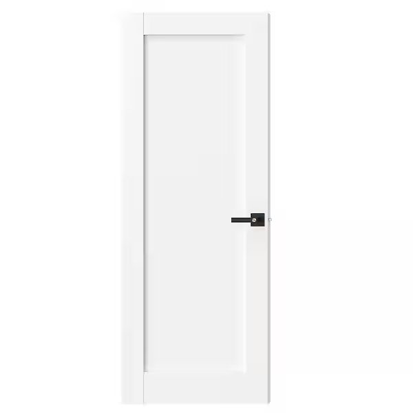 A plain white interior door with a black lever handle, set against a white wall, viewed straight on.