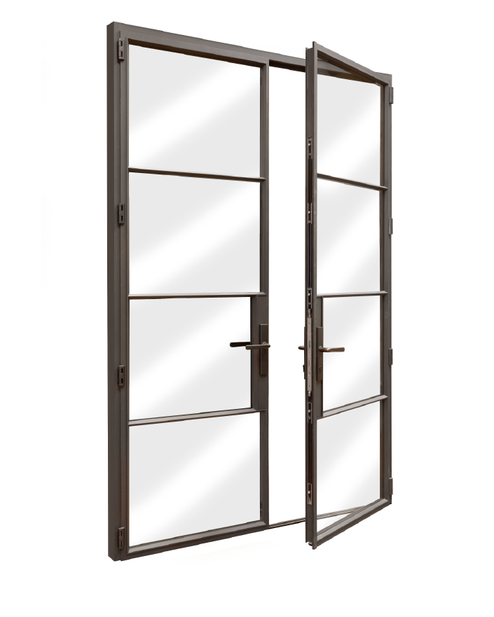A double door with glass panes and a dark metal frame, partially open, with handles on each door.