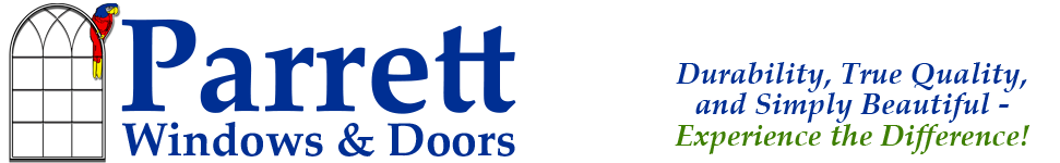 Parrett Windows & Doors logo with a colorful parrot perched on a window frame.