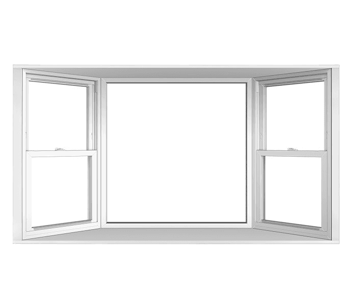 A Bay window with three panes, two side windows are open, set against a teal wall.
