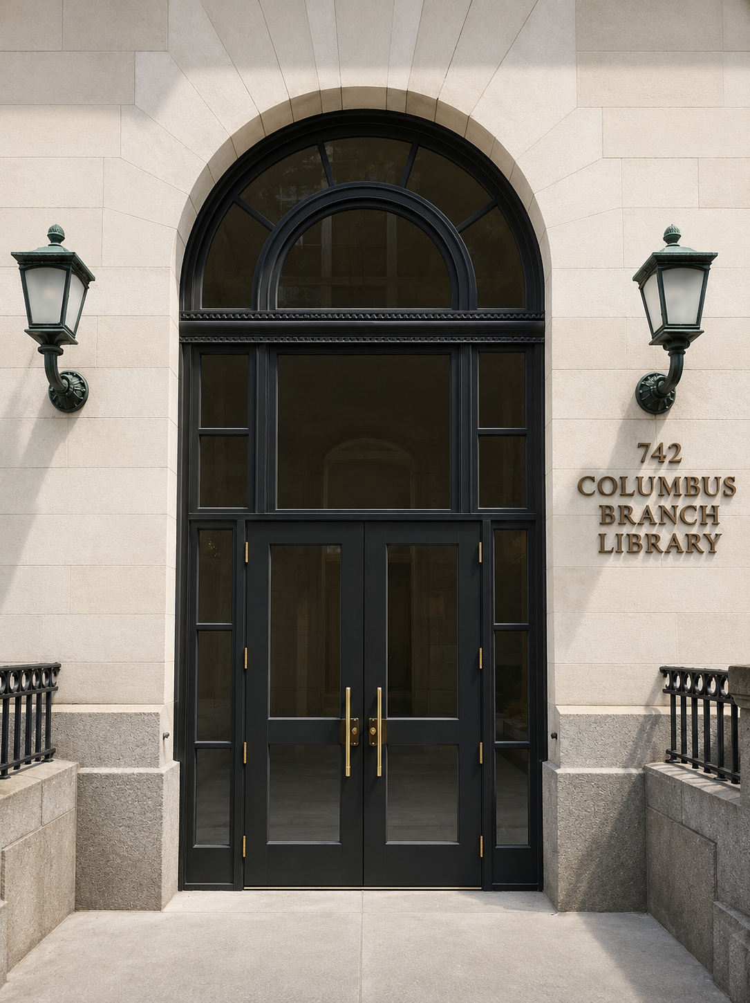 Exterior view of the Columbus Branch Library entrance with Custom Wood black double doors, arched window above, beige stone walls, and two black lantern-style wall sconces.