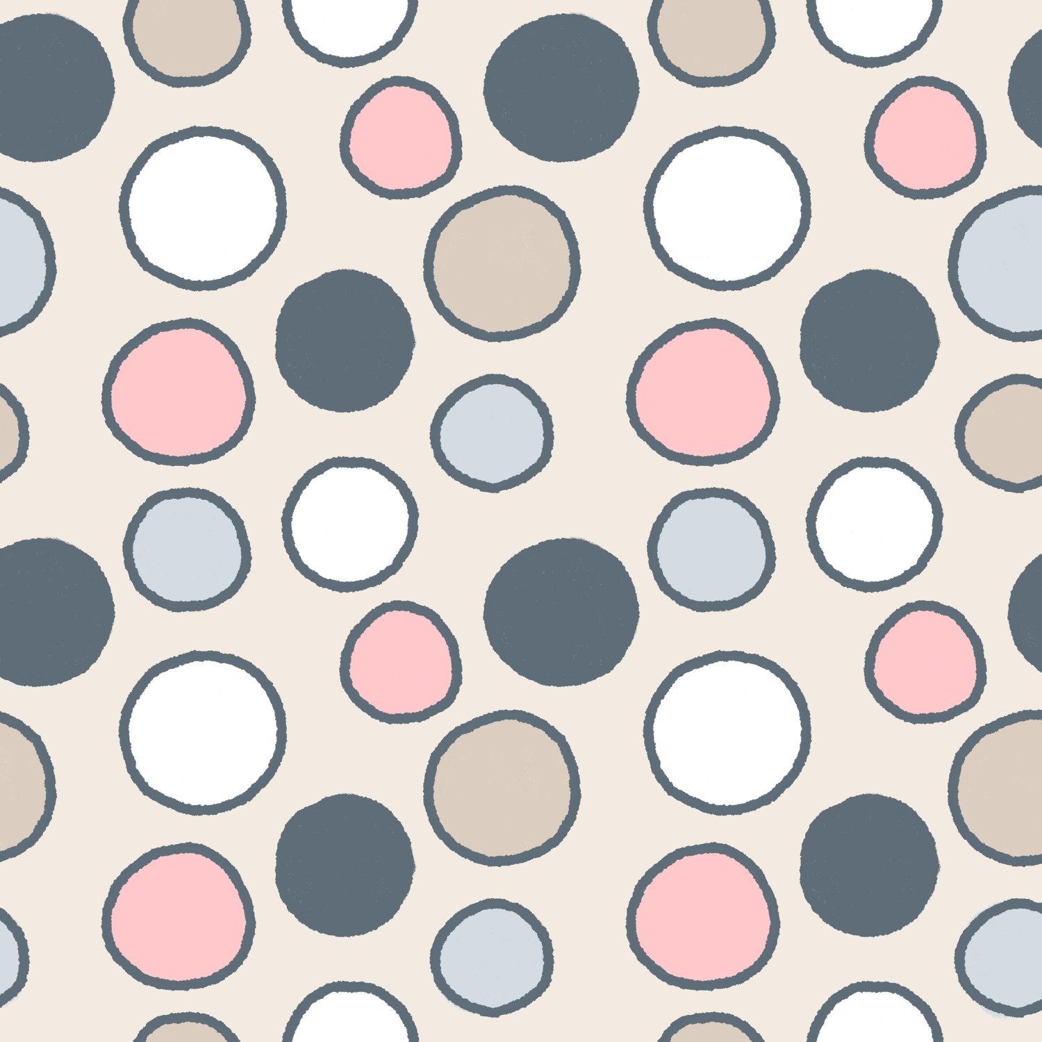 Pattern of circles in pastel colors, some filled, some with outlines, on a beige background.