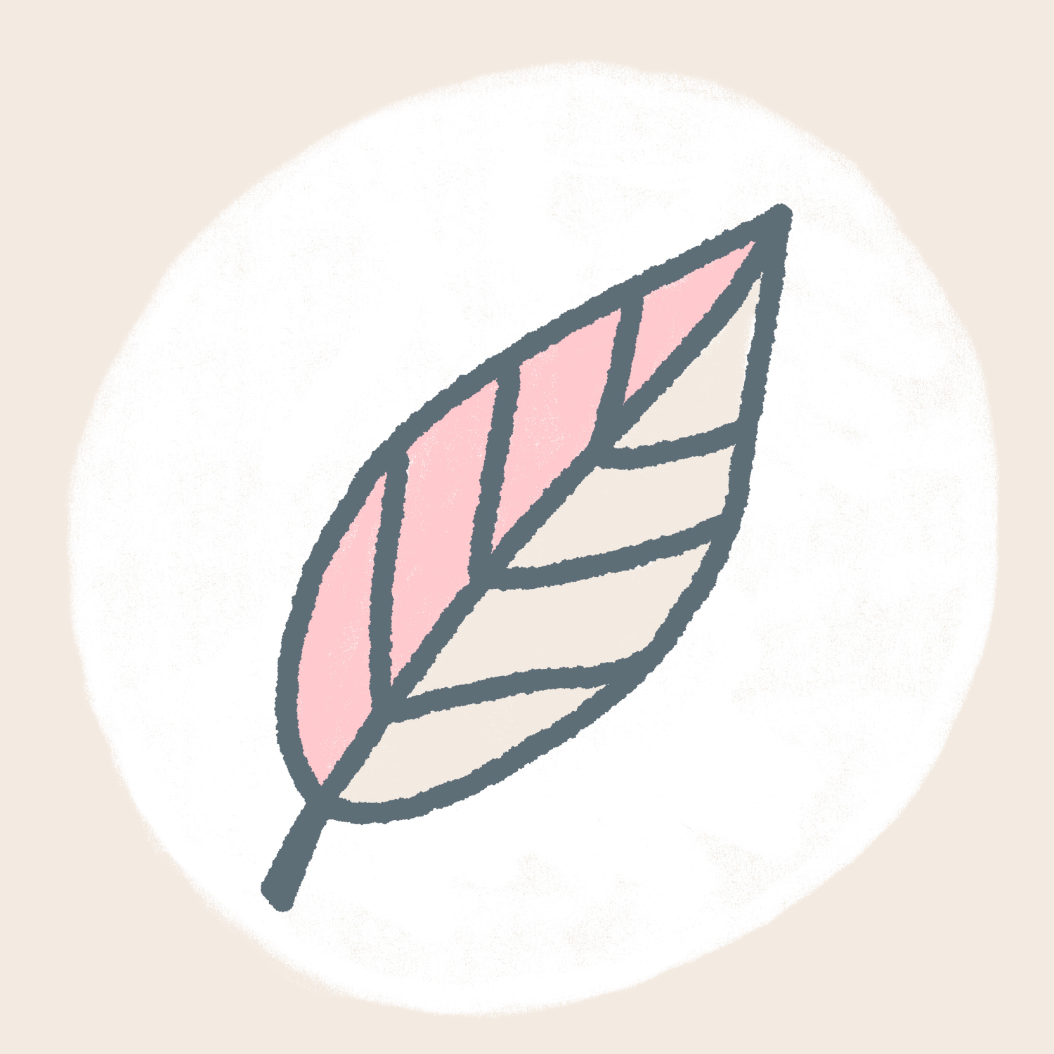 Illustration of a leaf with pink and beige sections outlined in dark gray on a light background.