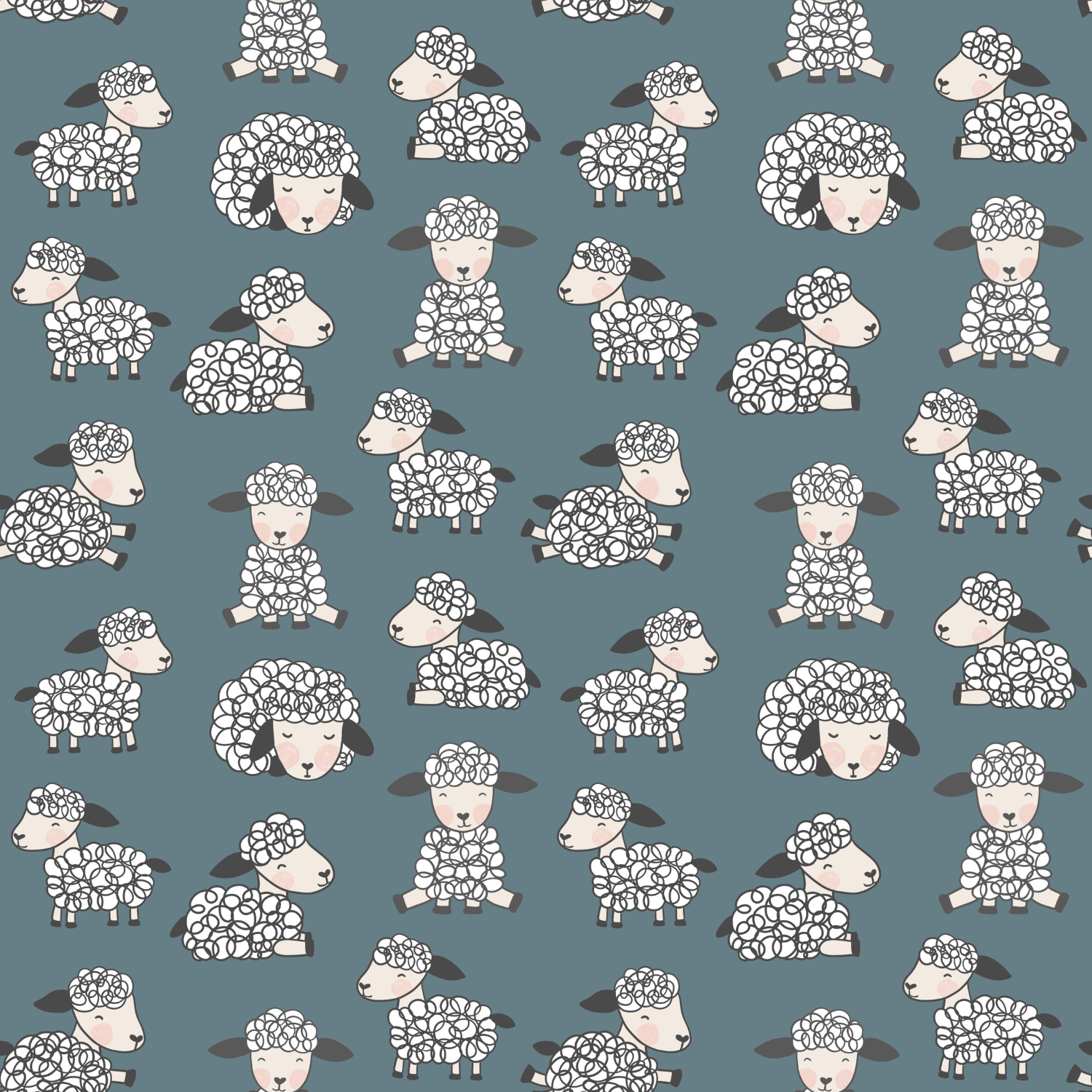 Pattern of cartoon sheep with white fluffy wool, black faces and ears, on a muted teal background.