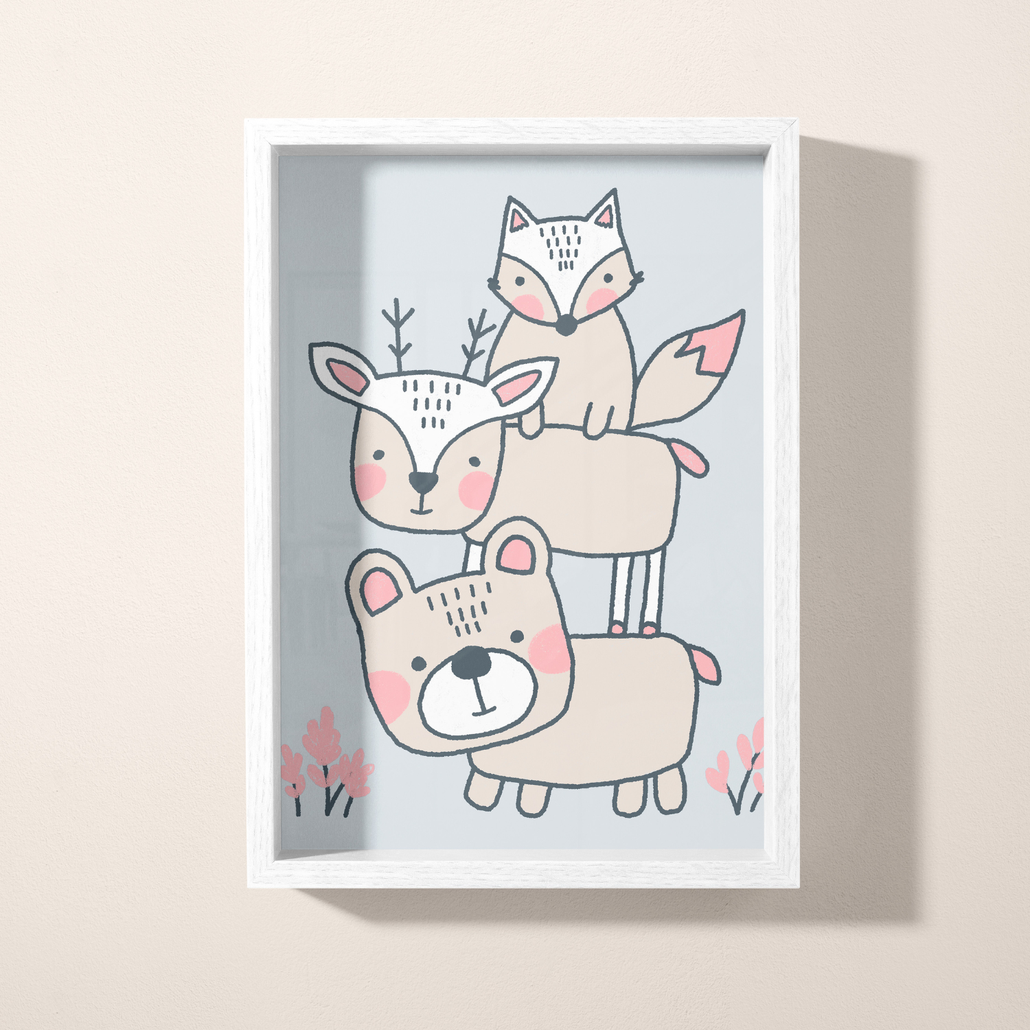 Cute illustration of a stack of three animals: a bear at the bottom, a deer in the middle, and a fox on top, surrounded by pink flowers.