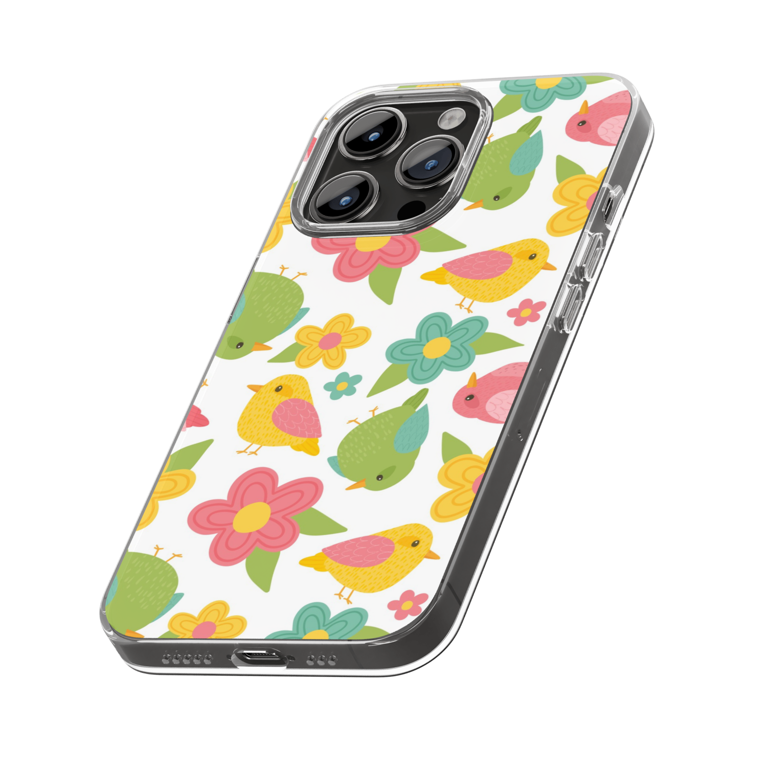 An iPhone with a clear case featuring a colorful pattern of cartoon-style birds and flowers.