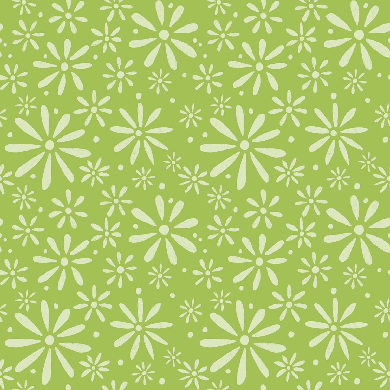 Green background with a pattern of white, stylized daisy flowers and small dots.