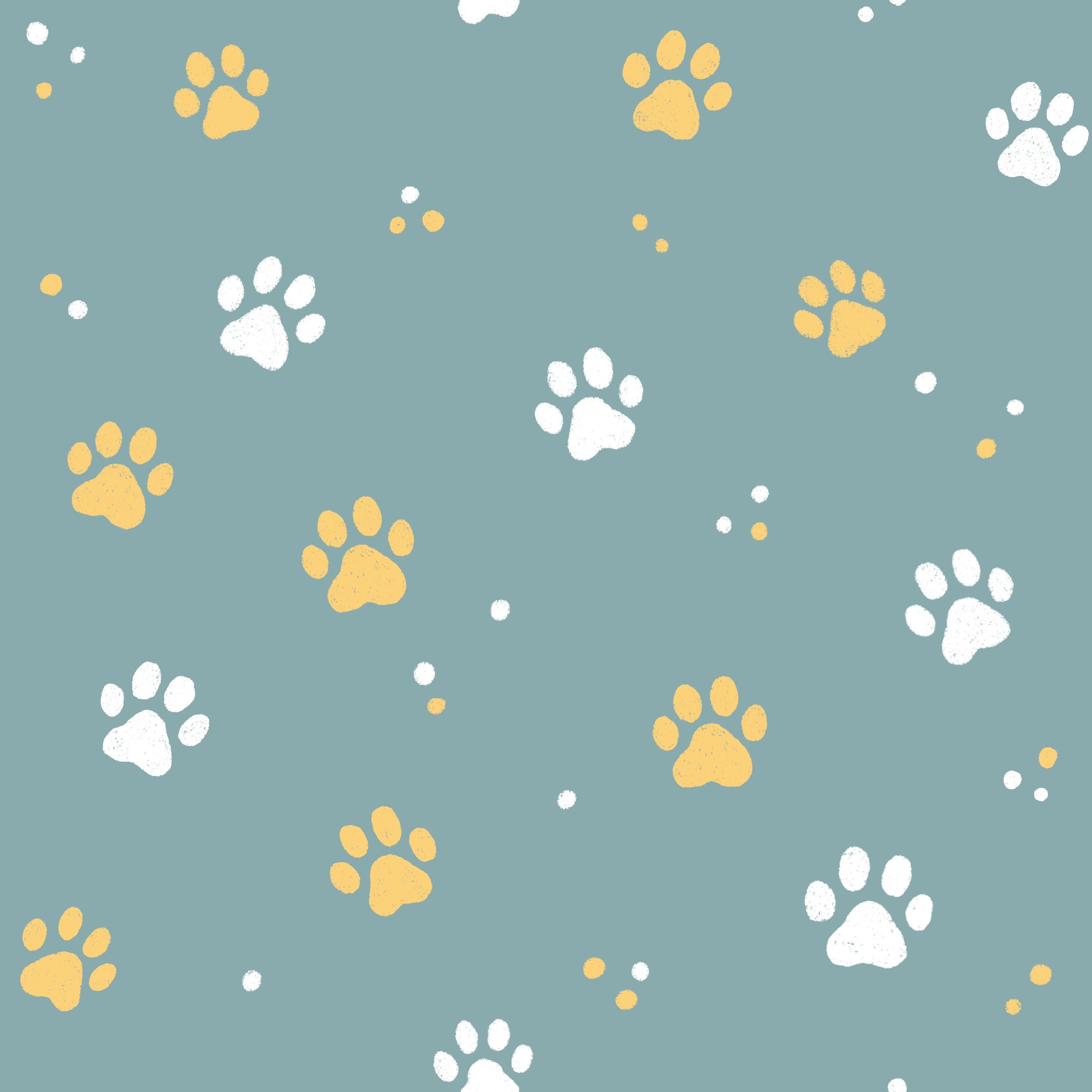 Pattern of yellow and white paw prints scattered on a subdued teal background.