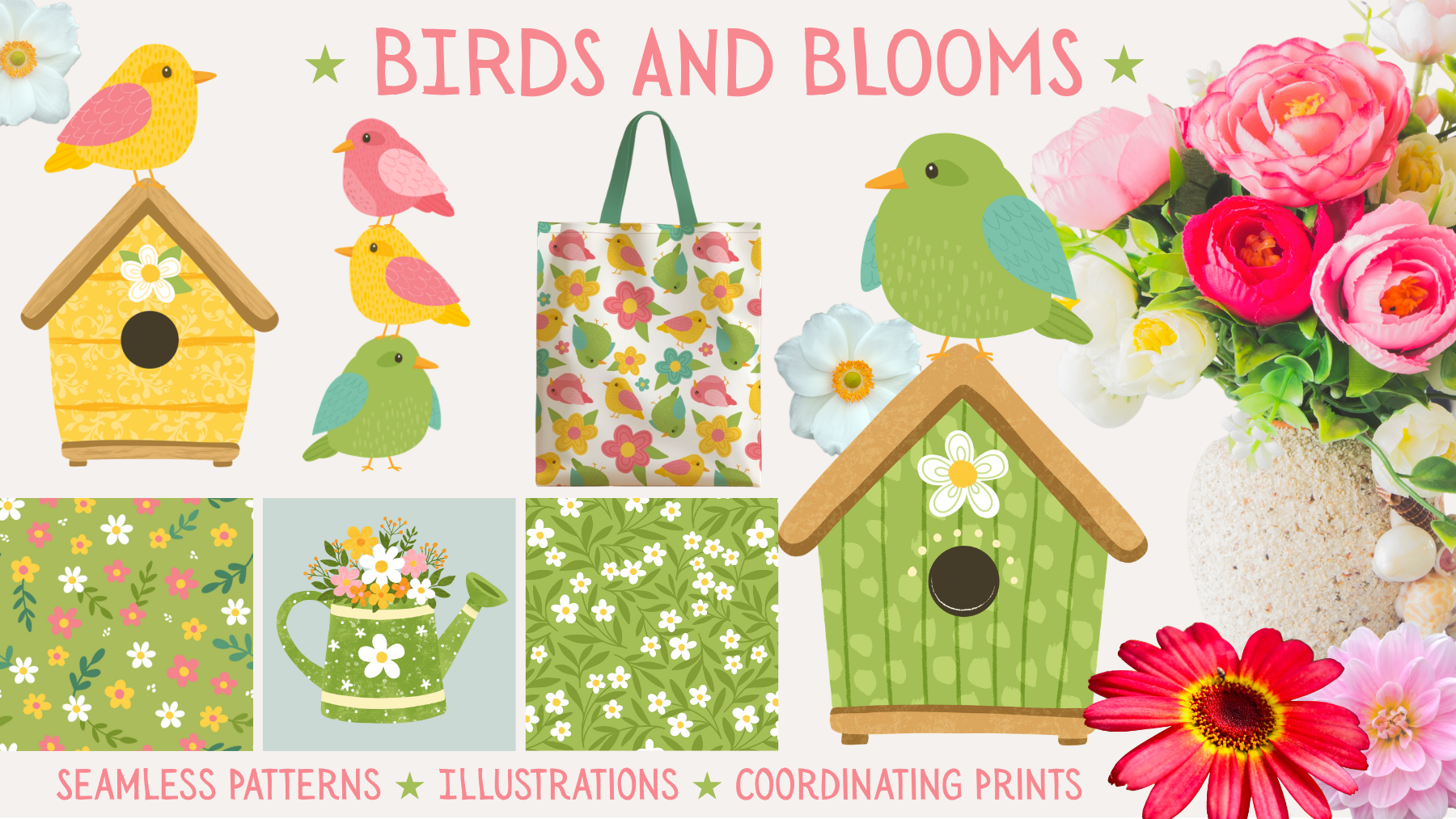 Bright, colorful illustration featuring birdhouses, birds, flowers, and floral patterns, with a real bouquet of pink, white, and red flowers to the right.