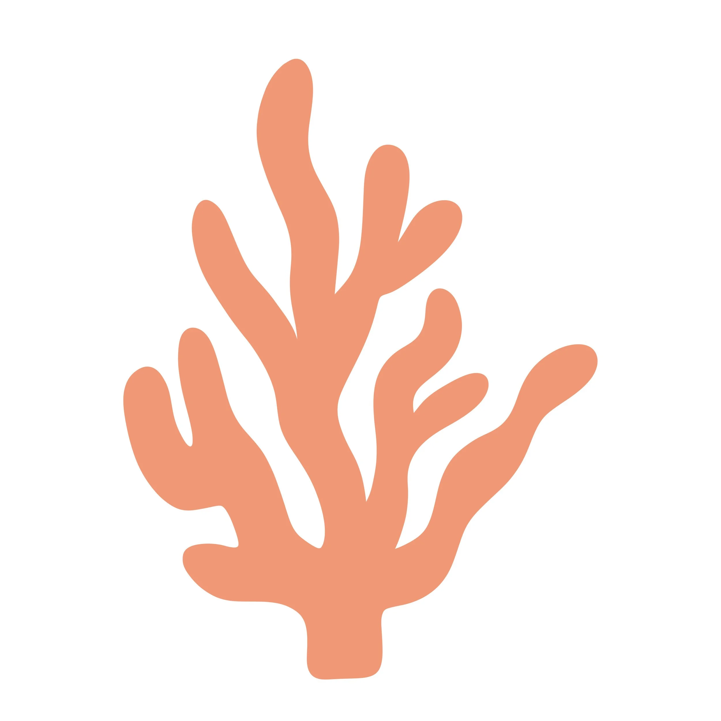 Minimalist illustration of a hand in a peach color with elongated fingers and visible nails, set against a plain white background.