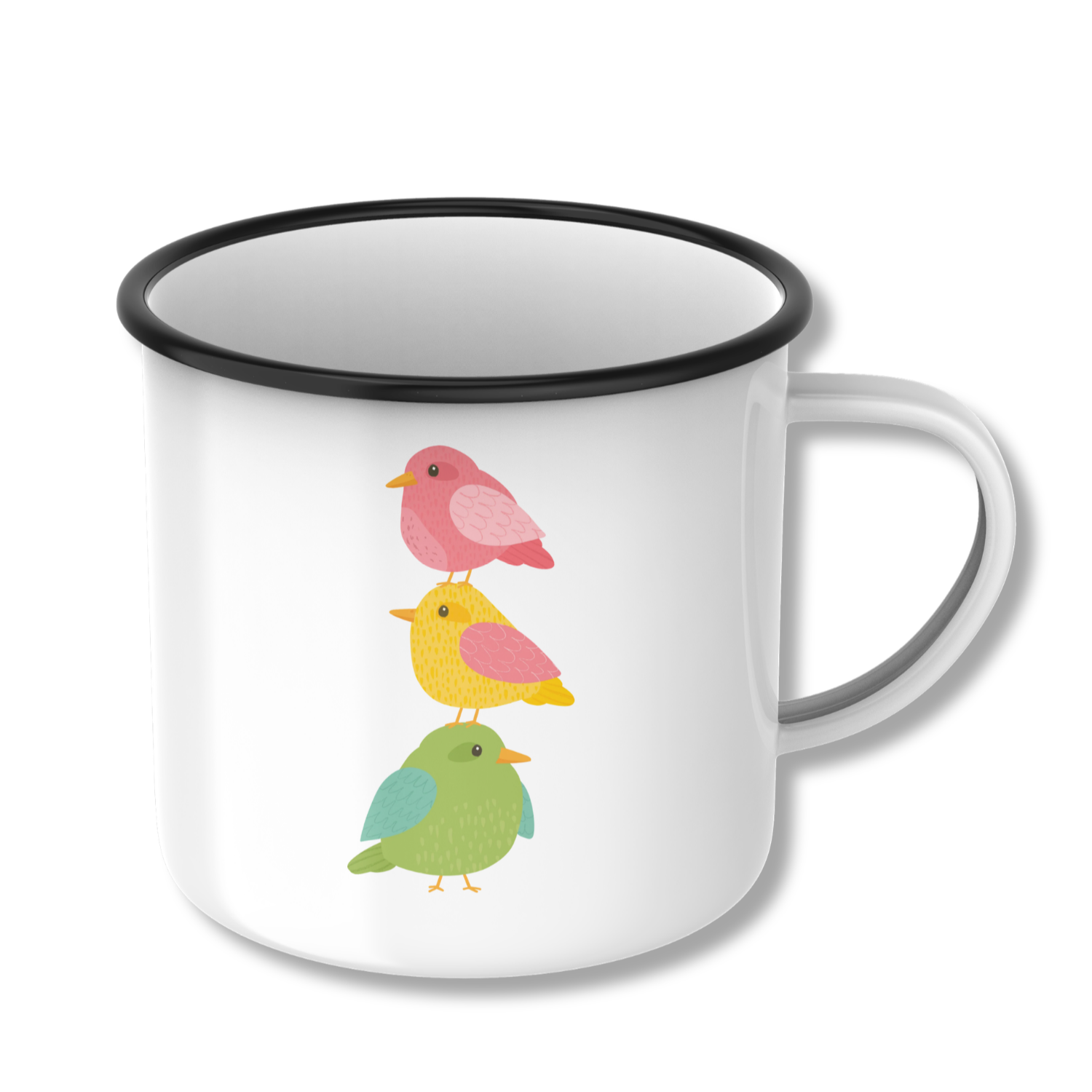 White mug with a black rim, decorated with four colorful cartoon birds stacked vertically.