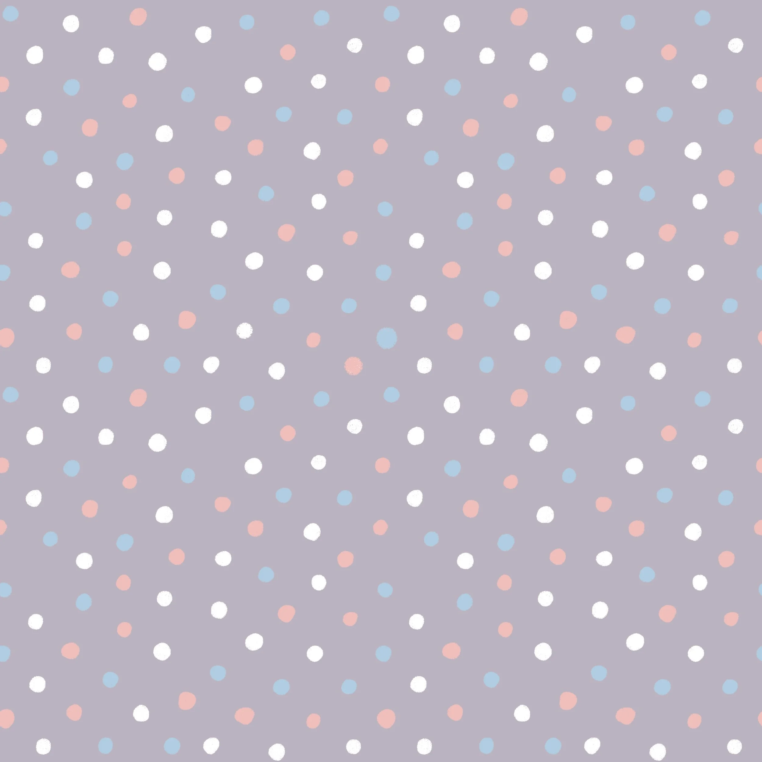 A pastel-colored pattern with pink, blue, and white polka dots on a purple background.