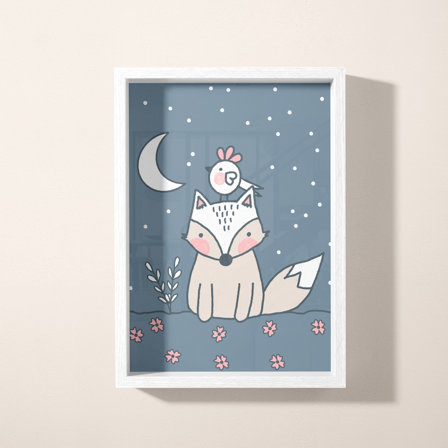 Decorative panel with a cartoon of a fox, a bird, a crescent moon, stars, flowers, and leaves on a blue background.