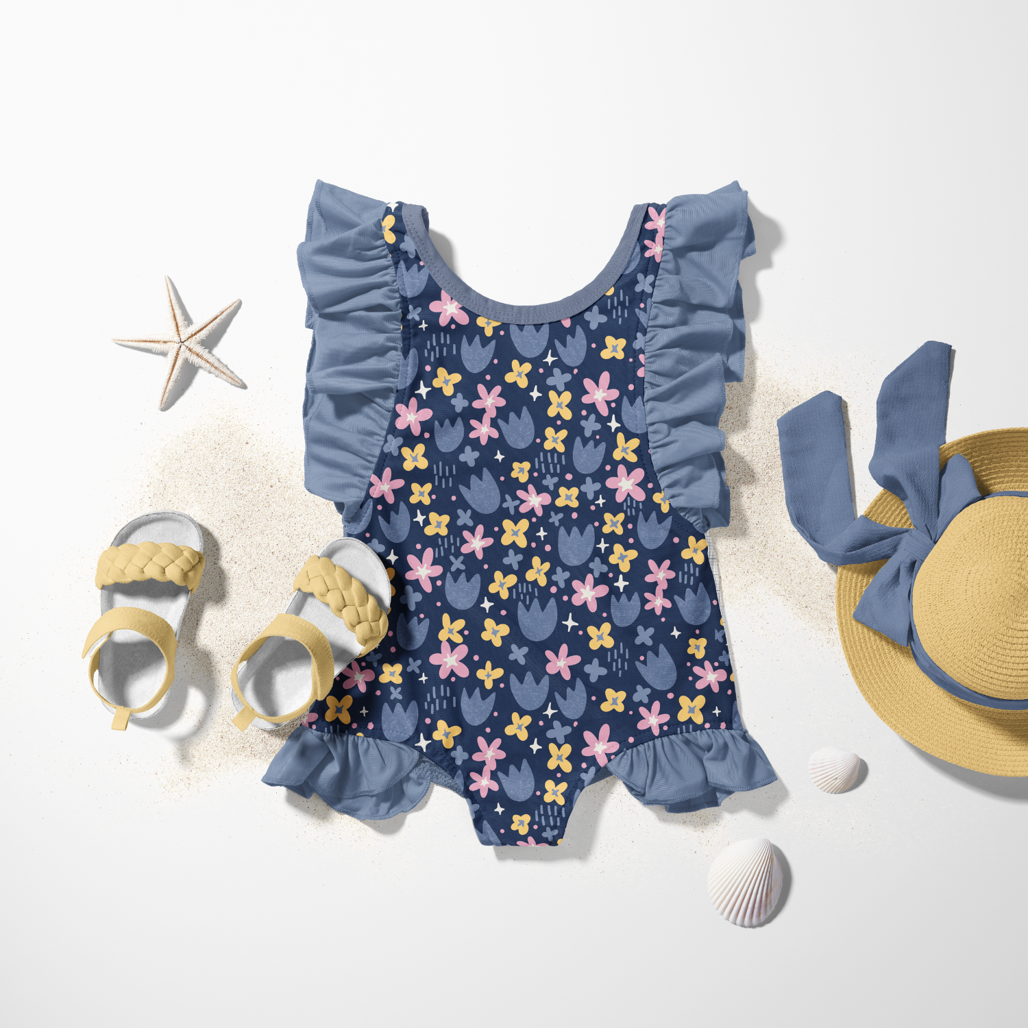A blue floral swimsuit with ruffled sleeves, a wide-brimmed straw hat with a blue ribbon, yellow sandals, a starfish, and seashells on a white background with sand.