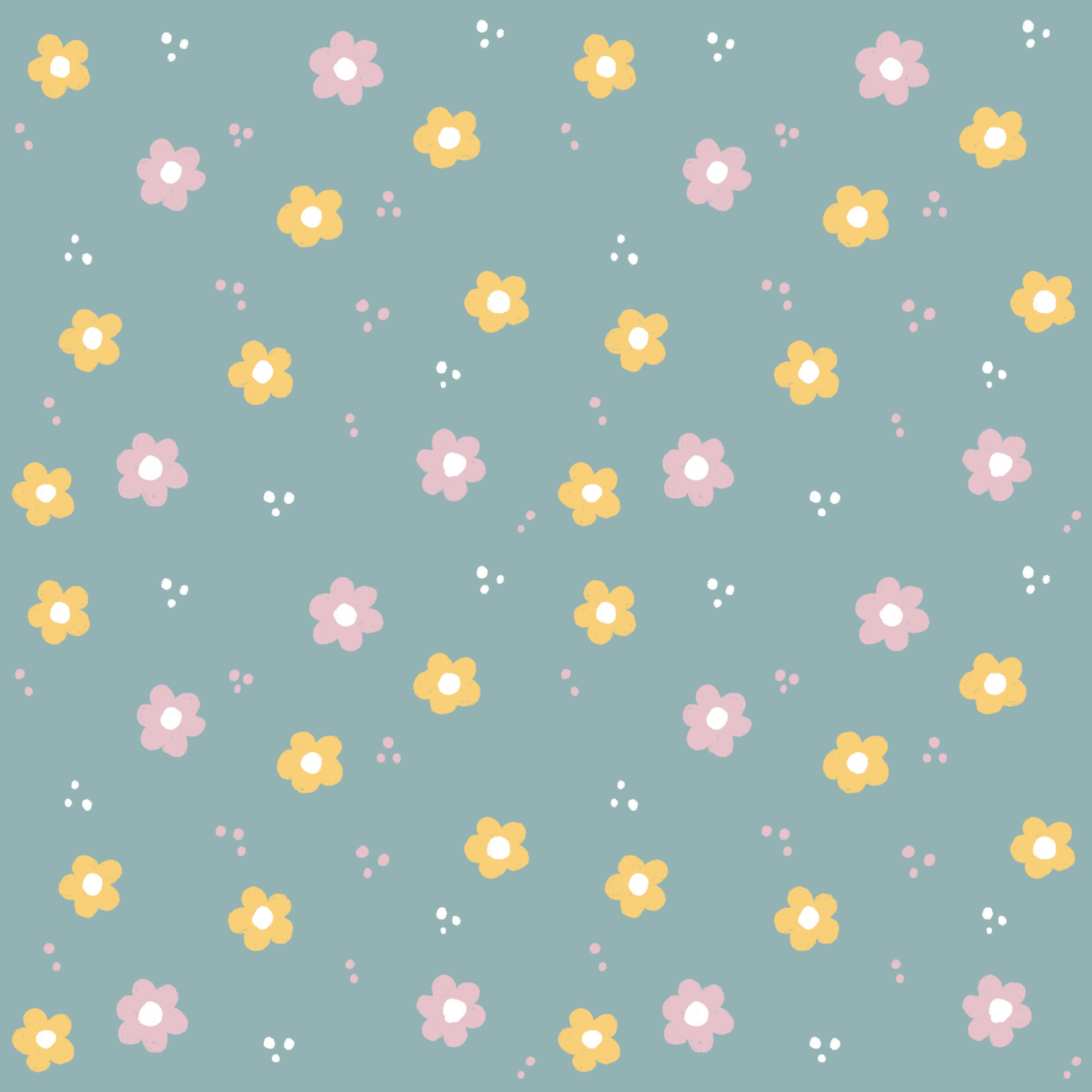 A background pattern of pastel pink and yellow flowers with white centers on a muted teal background.