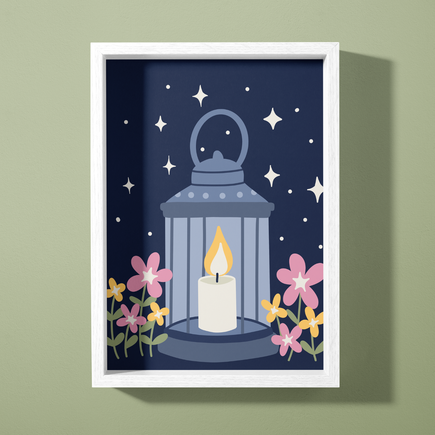 A framed wall art depicting a night scene with a lantern and a candle inside, surrounded by pink and yellow flowers against a navy blue sky with stars.