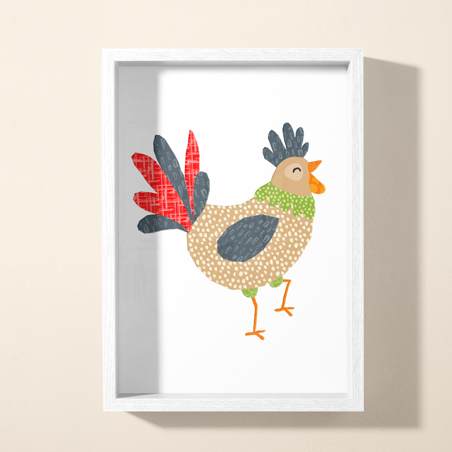 Framed artwork of a whimsical chicken with multicolored feathers and a green collar, standing on two orange legs, set against a plain white background.