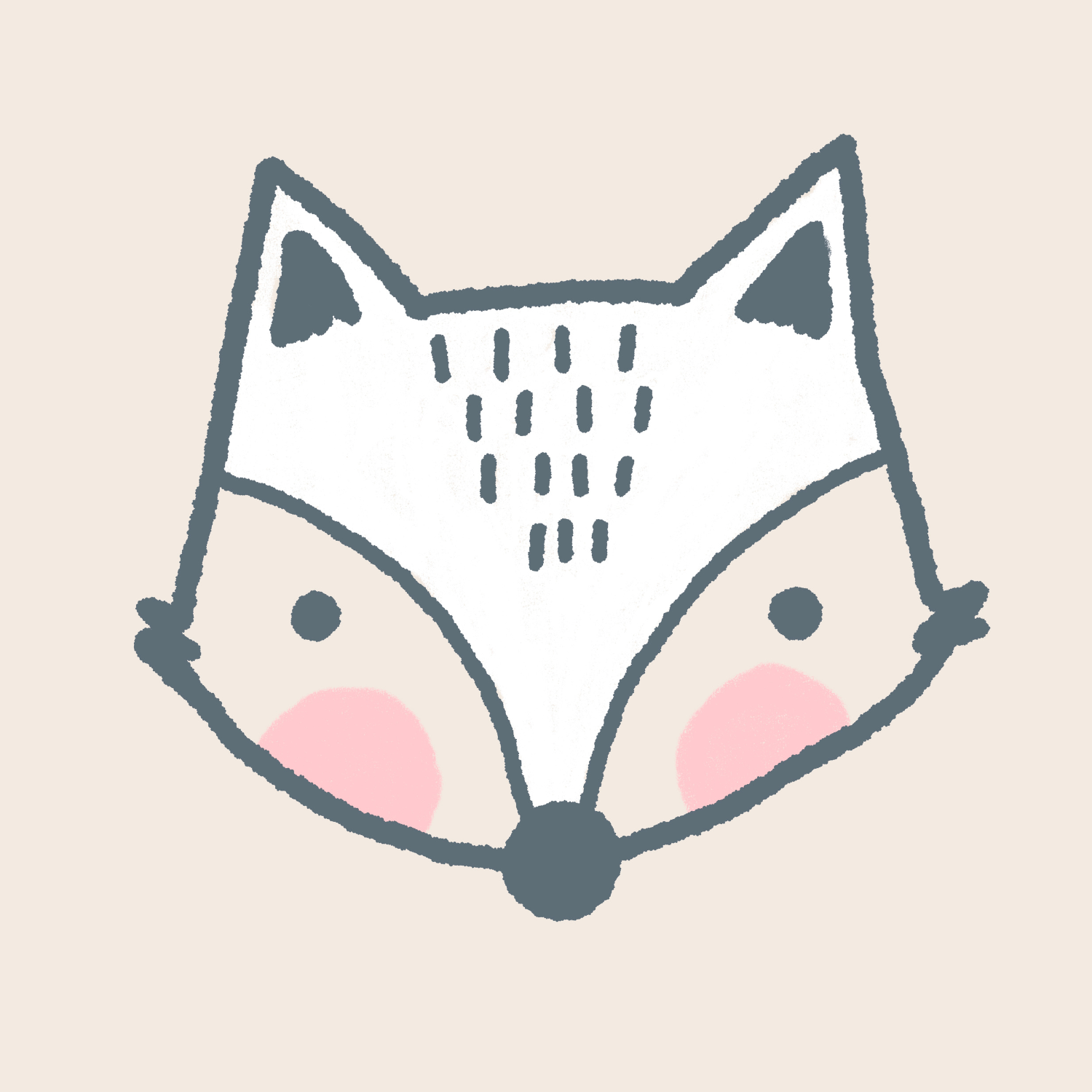 A cute, hand-drawn illustration of a fox's face with pink cheeks, white fur, pointed ears, and black nose, set against a light beige background.