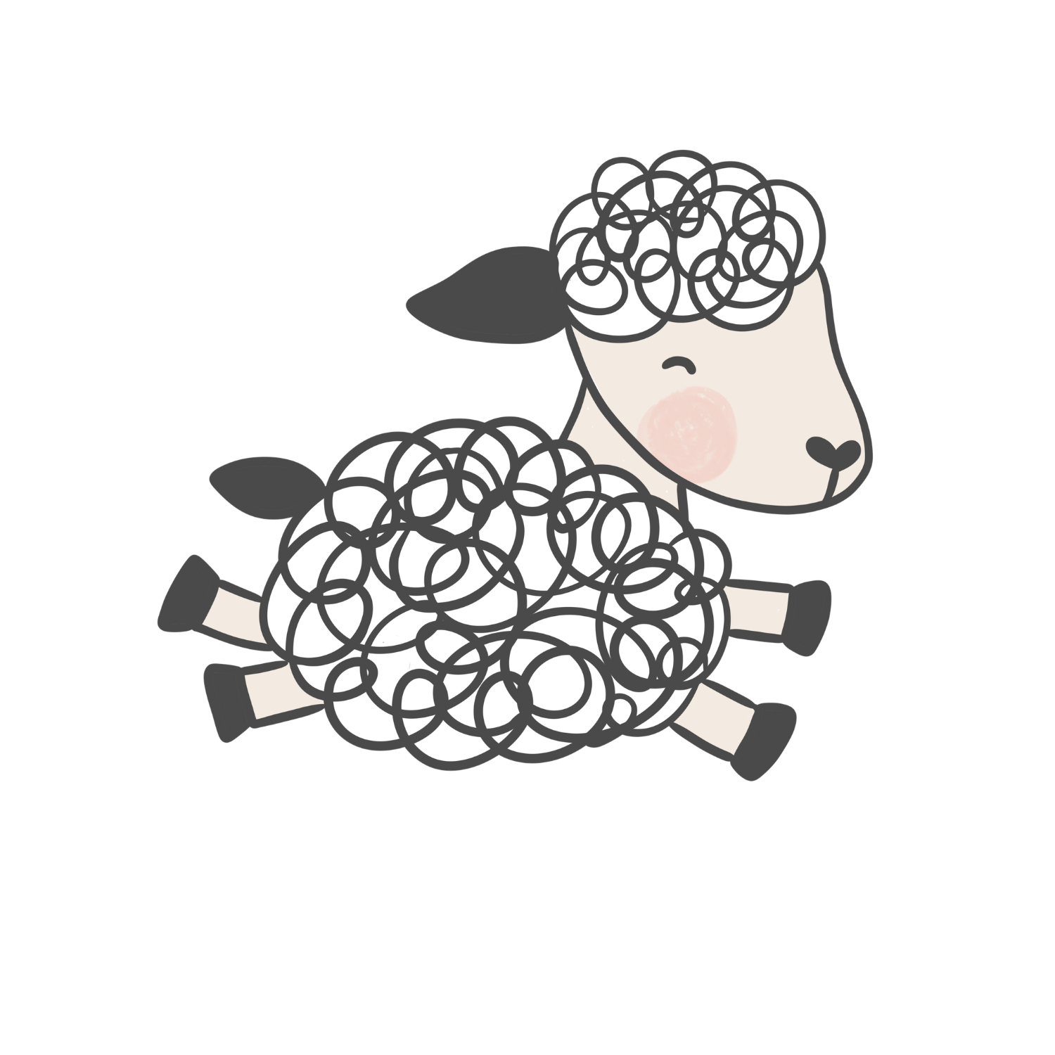 Cartoon illustration of a sheep with a face and body made of interconnected black circles, with a pink blush on its cheek, black ears, black legs, and black hooves.