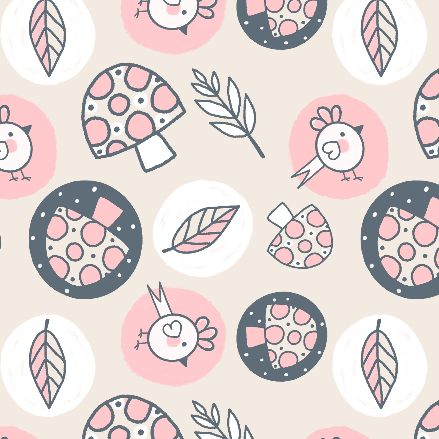 A repeating pattern featuring hand-drawn cute chickens, mushrooms, leaves, and circles in pastel pink, white, black, and beige colors.