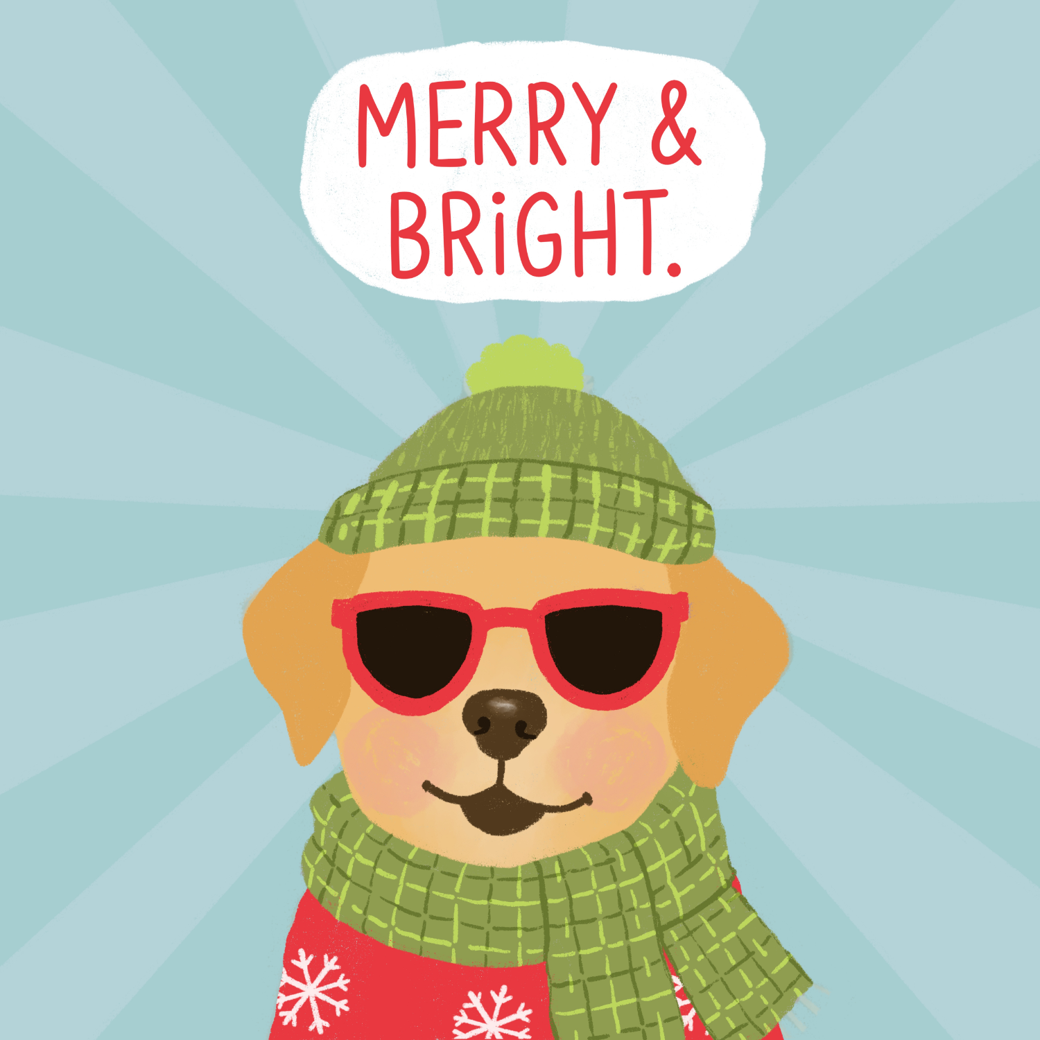 A cartoon illustration of a dog wearing green sunglasses, a green knit beanie, and a matching green sweater. The background has light blue rays emanating from the dog. There is a speech bubble with red text that reads 'Merry & Bright'.