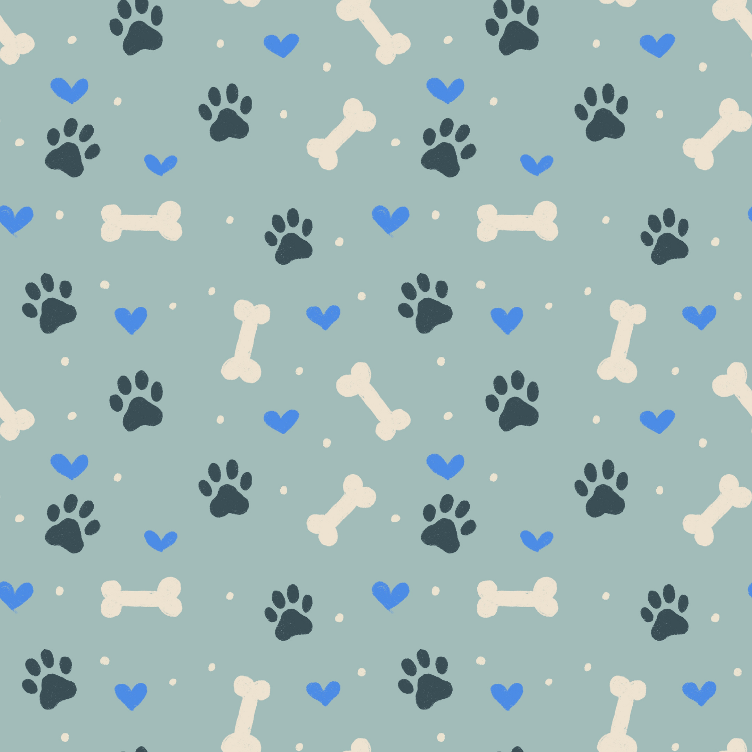 Pattern with black paw prints, white bones, blue hearts, and small white dots on a light blue background.
