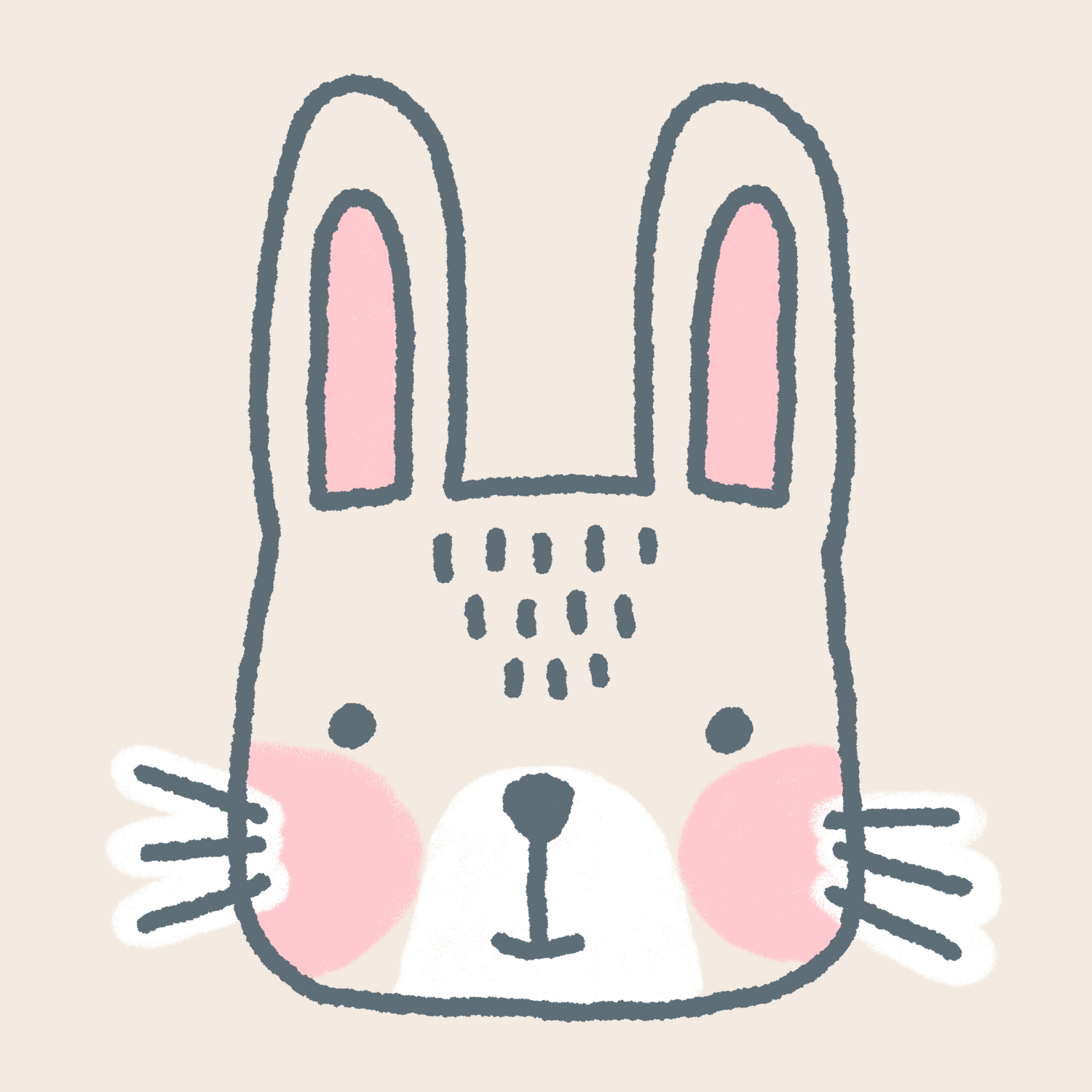 A cartoon illustration of a cute animal face with rabbit and dog features, including pink cheeks, big ears, and whiskers.
